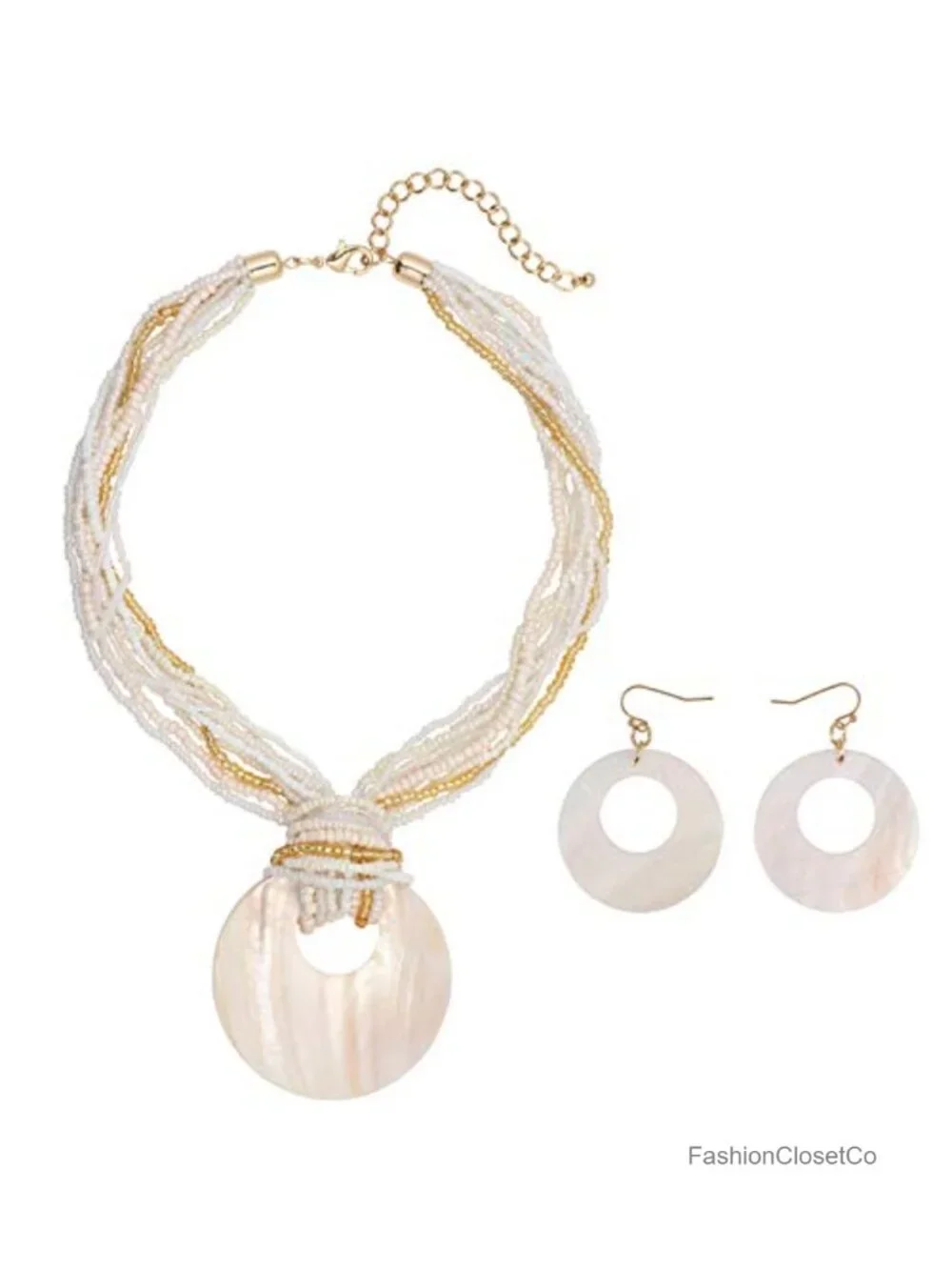 Multi Strand Beaded Shell Pendant Necklace with Matching Earrings